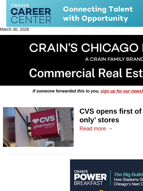crainalerts newsletter: CVS opens first solo pharmacy in Chicago
