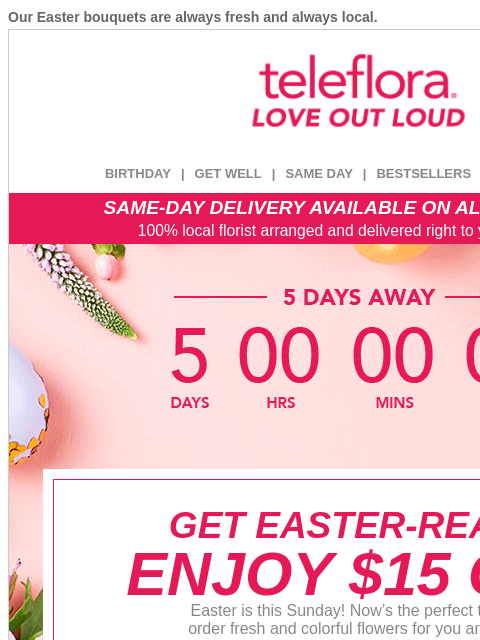 teleflora newsletter: Countdown to Easter! 🐇 Hurry and Save $15