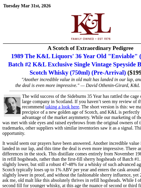 klwines newsletter: A K&L Exclusive Malt of Extraordinary Pedigree