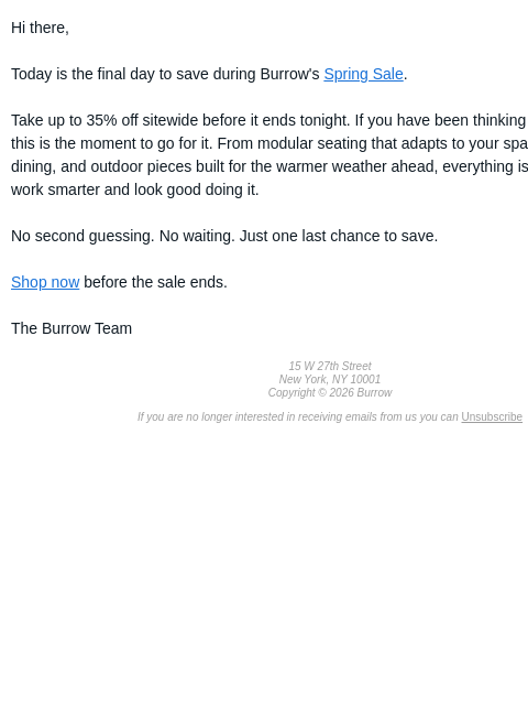 burrow newsletter: FINAL DAY to save during the Spring Sale