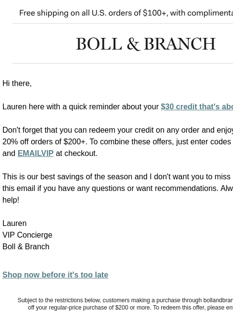 bollandbranch newsletter: FYI: Your $30 credit is about to expire