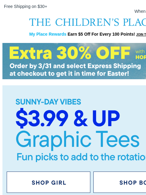 childrensplace newsletter: Sunny-Day Graphic Tees: $3.99 & Up