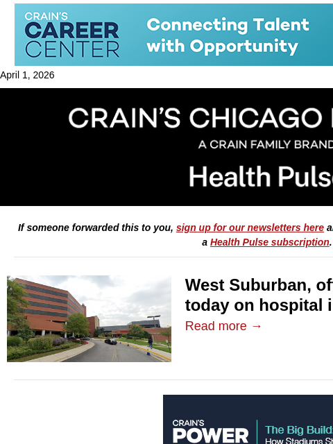 crainalerts newsletter: West Suburban in limbo