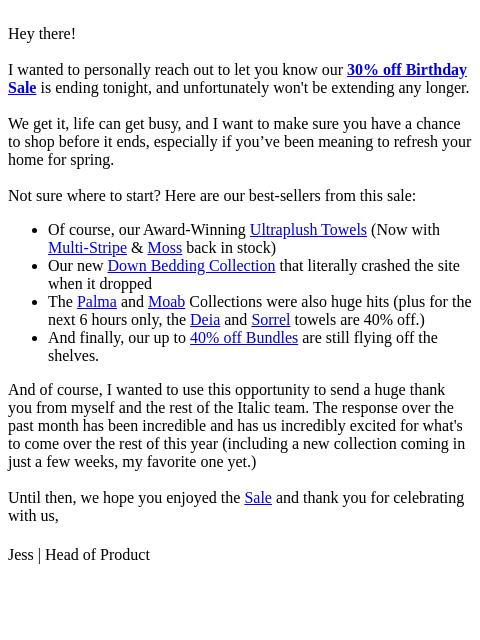 italic newsletter: re: Our 30% off Birthday Sale