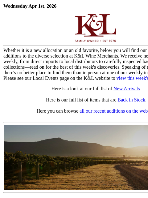 klwines newsletter: The Latest from K&L: New Adds and Back In Stock