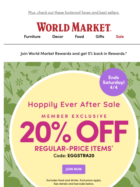 emailworldmarket newsletter: 20% off regular price STARTS NOW