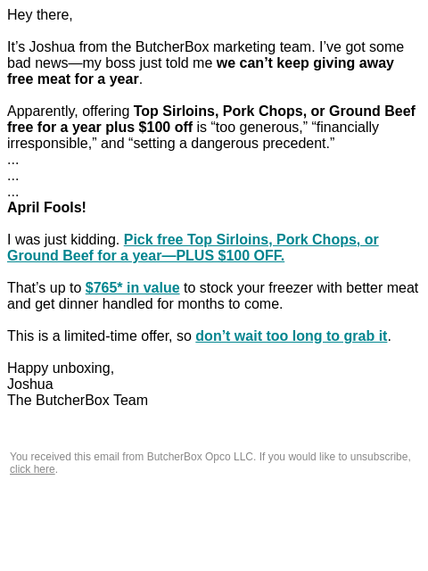 butcherbox newsletter: We have bad news.