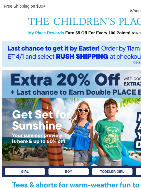 childrensplace newsletter: STARTS NOW! Get an Extra 20% Off with code EXTRA20