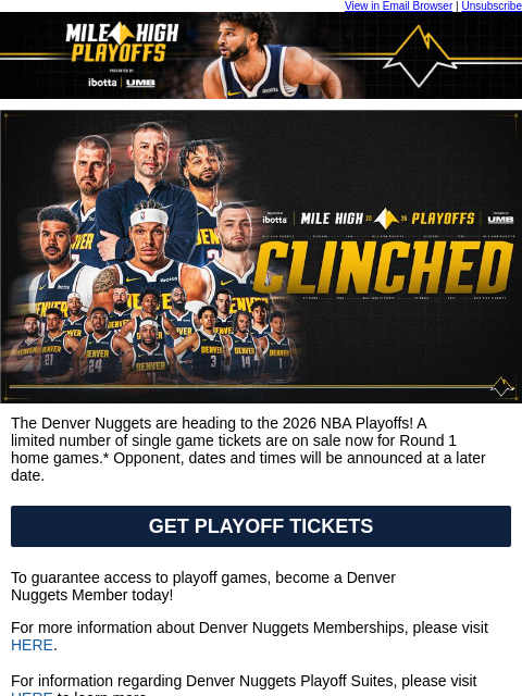thedenvernuggets newsletter: Your Denver Nuggets Have Clinched! Tickets Availab...