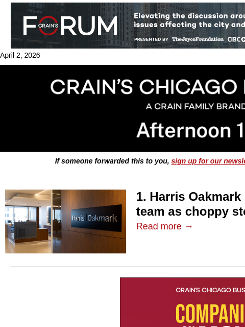 crainalerts newsletter: Harris Oakmark shuffling investment team