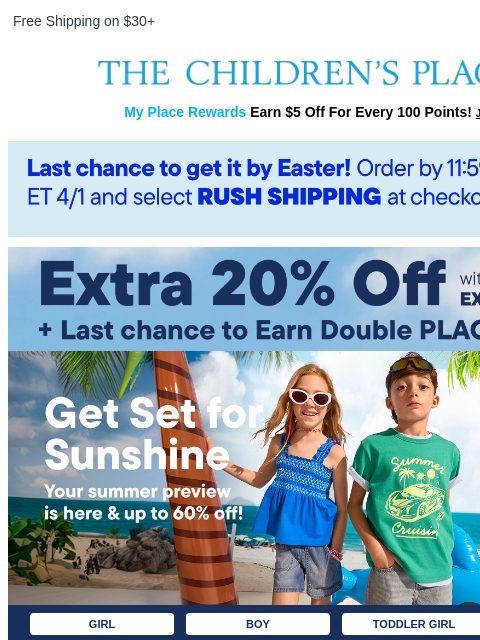 childrensplace newsletter: Going on NOW: Up to 60% Off Shorts + EXTRA 20% Off