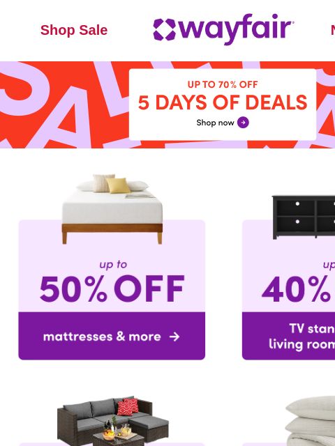 wayfair newsletter: ⏰ 🔔 FIVE DAYS OF DEALS starts... NOW 🔔 ⏰