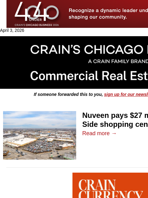 crainalerts newsletter: Nuveen shows confidence in Chicago retail