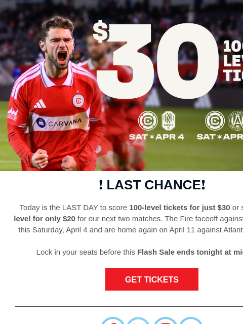 chicagofirefc newsletter: The Clock Is Ticking ⏳ $30 100 Level Tickets