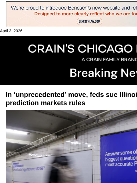 crainalerts newsletter: CFTC sues Pritzker in battle over prediction marke...