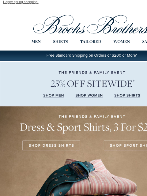 brooksbrothers newsletter: Shirts, 3 for $229 + 25% off sitewide