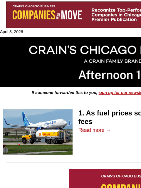 crainalerts newsletter: United raises fees as fuel prices soar