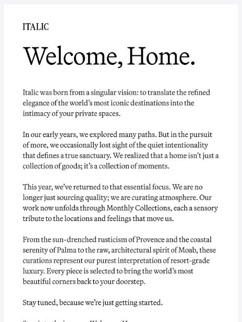 italic newsletter: Welcome, Home.