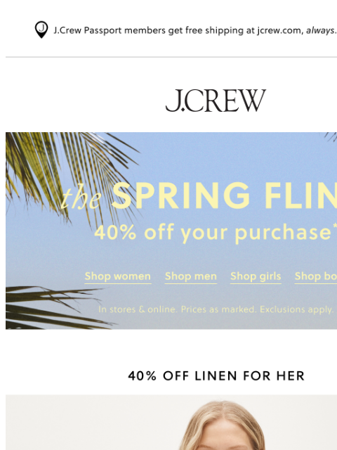 jcrew newsletter: 40% off linen & everything to wear with it