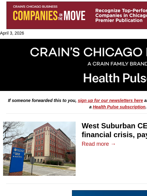 crainalerts newsletter: West Suburban's $180M headache