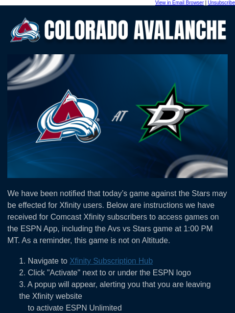 thecoloradoavalanche newsletter: Avs vs Stars Broadcast TV Update