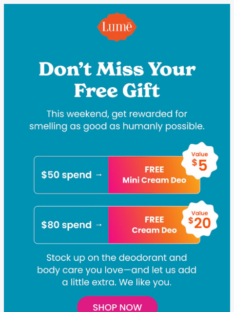 lumedeodorant newsletter: Don’t miss your FREE gifts ($25 value!) 🤩