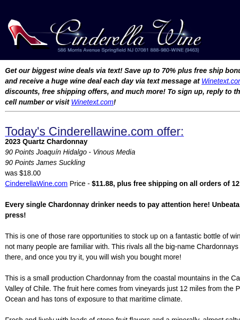 winelibrary newsletter: 2023 Quartz Chardonnay (90 VM, 90 JS) Free Ship on...