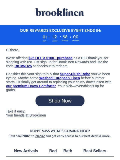 brooklinen newsletter: Get $25 OFF when you join Brooklinen Rewards!