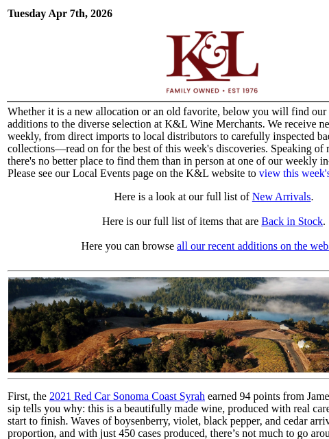 klwines newsletter: The Latest from K&L: New Adds and Back In Stock