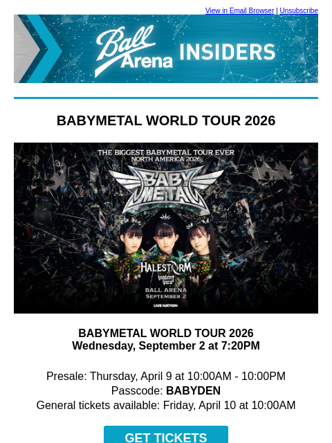 kroenkeentertainment newsletter: Just Added: BABYMETAL | Johnny Blue Skies | Disney...