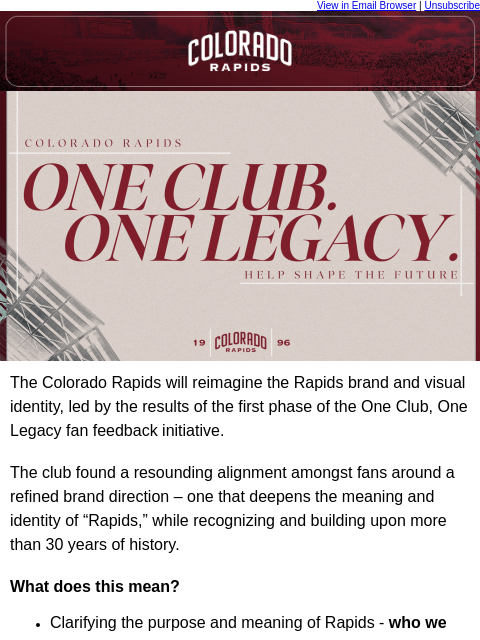 thecoloradorapids newsletter: Rapids One Club, One Legacy Updates