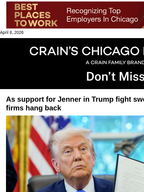 crainalerts newsletter: Chicago's big law firms sit out Trump fight