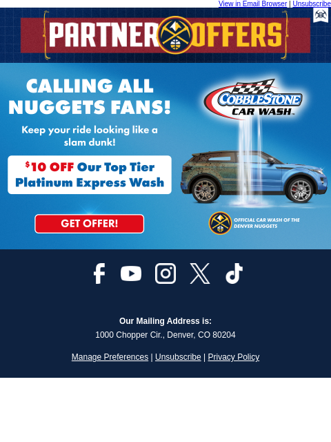 thedenvernuggets newsletter: Nuggets Fans Get $10 Off at Cobblestone