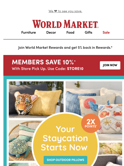 emailworldmarket newsletter: Save 10% on outdoor pillows, rugs, and MORE 👋