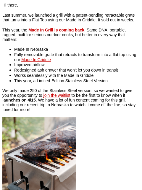 madeincookware newsletter: The Waitlist Is Open: The Grill Is Coming Back