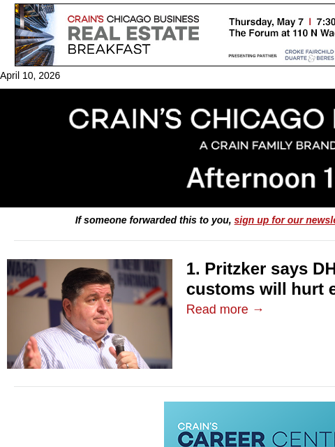 crainalerts newsletter: Pritzker hits back at O'Hare customs threat​