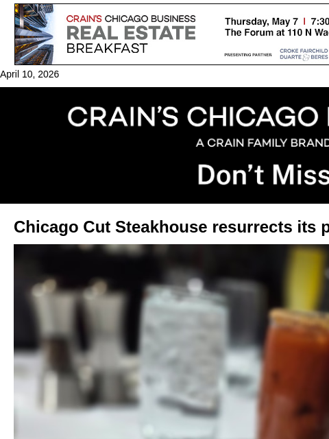 crainalerts newsletter: Chicago Cut resurrects its power breakfast