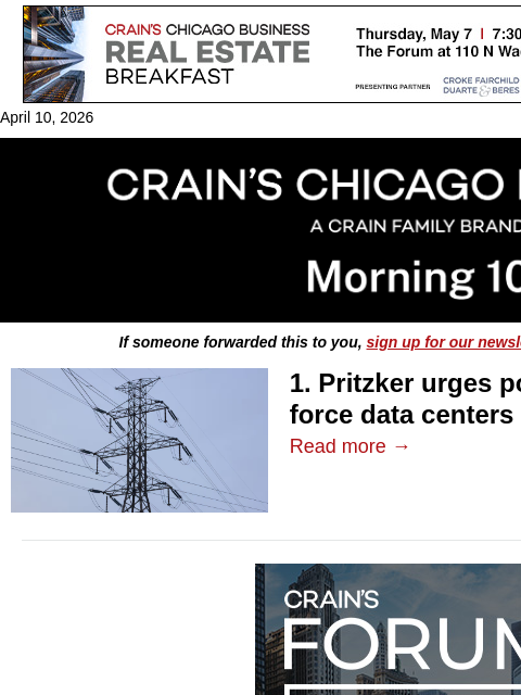 crainalerts newsletter: Pritzker pushes data centers on power costs