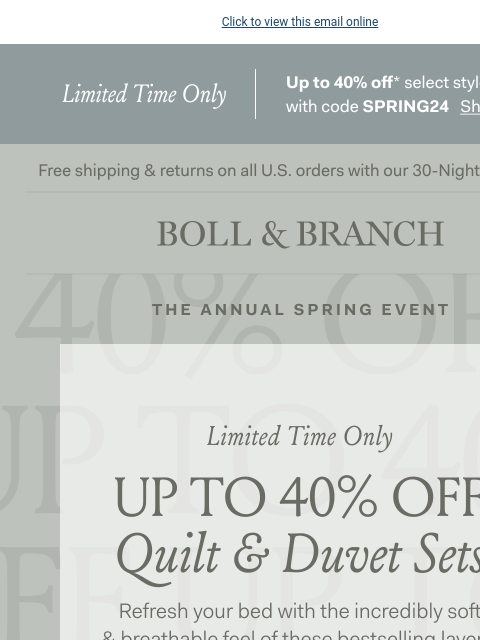 Up to 40% off plus a free gift! Click to view this email online Limited Time Only Up to 40% off select styles with code SPRING24 Shop Sale Free shipping & returns on all US orders with our 30-Night