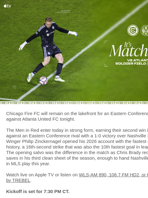 chicagofirefc newsletter: TONIGHT: Chicago Fire vs Atlanta United FC