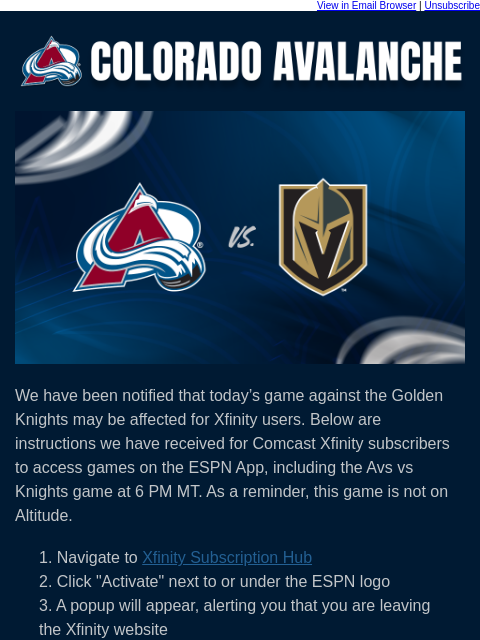 thecoloradoavalanche newsletter: Avs vs Knights Broadcast TV Update