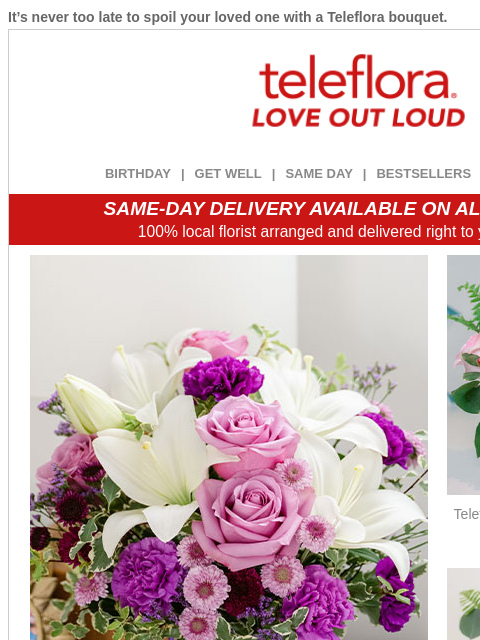 It's never too late to spoil your loved one with a Teleflora bouquet. View in browser ‌ teleflora BIRTHDAY | GET WELL | SAME DAY | BESTSELLERS | DEAL OF THE DAY SAME-DAY DELIVERY AVAILABLE ON ALL