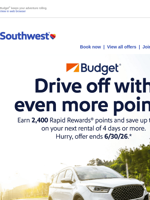 southwest newsletter: Renting a vehicle? Save more. Earn more.