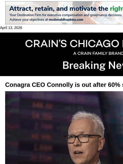 crainalerts newsletter: Conagra replaces CEO Connolly after 60% stock slid...