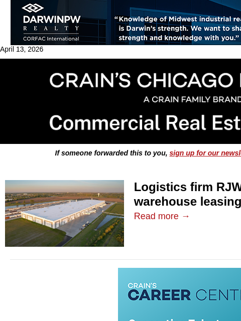 crainalerts newsletter: Logistics firm RJW lands another suburban warehous...