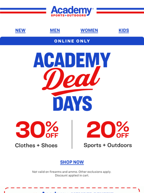 academy newsletter: 30% Off Clothes + Shoes | 20% Off Sports + Outdoor...