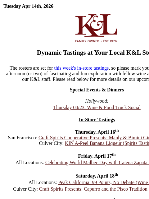 klwines newsletter: World Malbec Day, Peak 99-Point Cali Wines, Spirit...