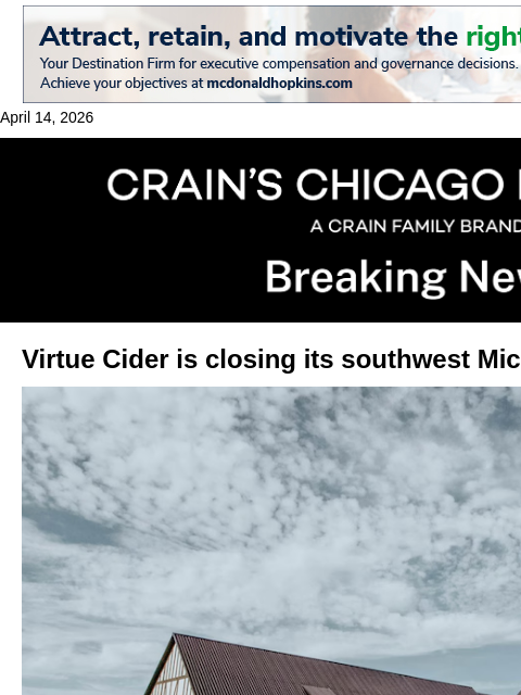 crainalerts newsletter: Virtue Cider closing farm