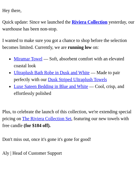 italic newsletter: Inventory Update (The Riviera Collection)