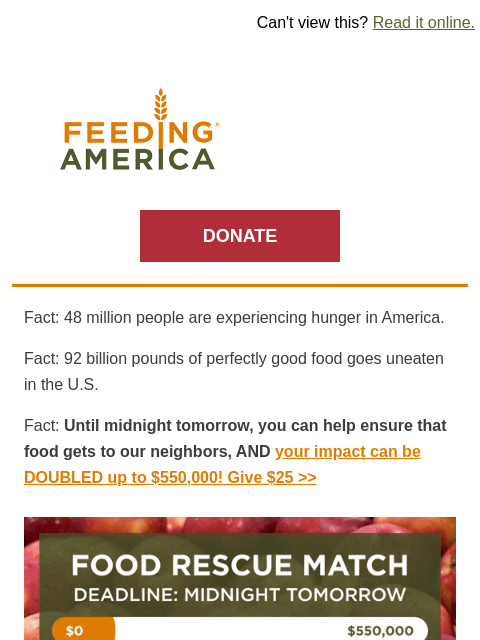 feedingamerica newsletter: Your 2X gift can help connect neighbors with good,...